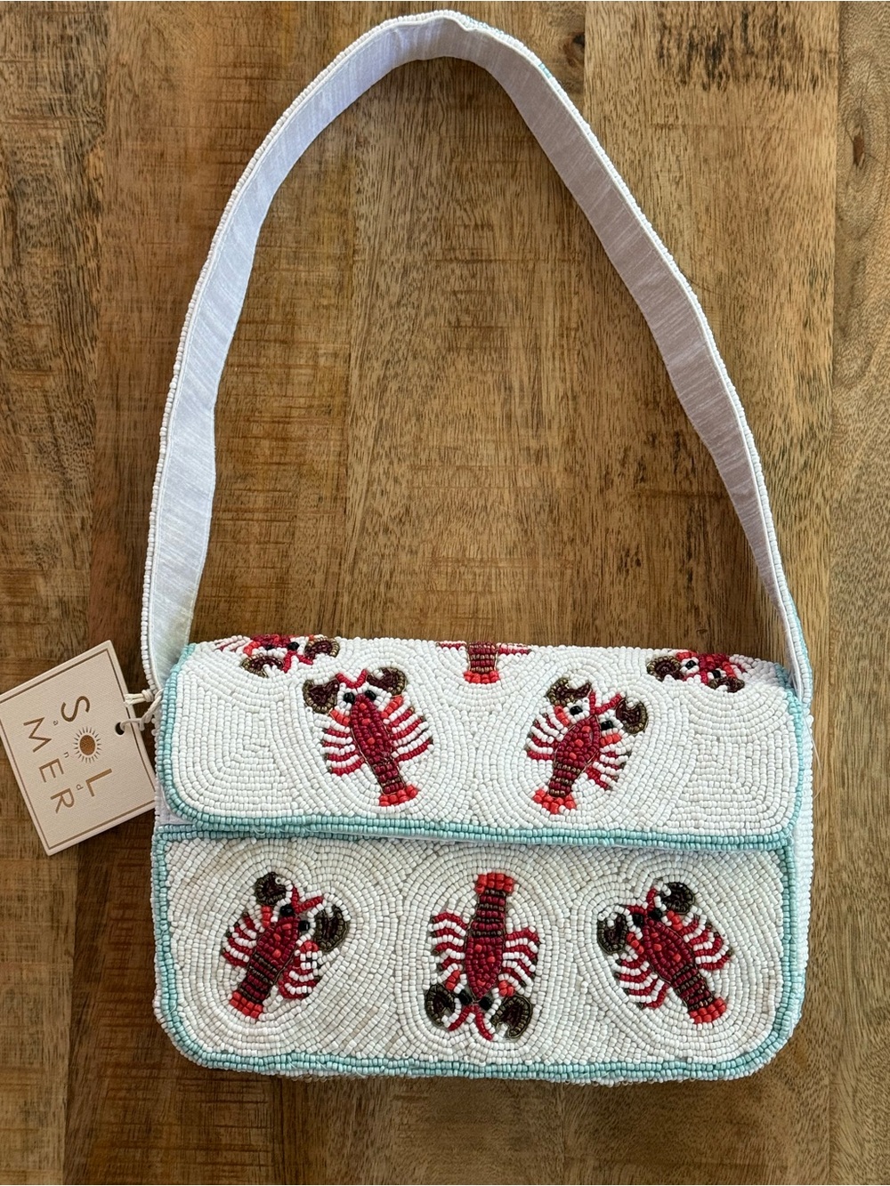 NWT Sol and Mer Hand Beaded Lobster Shoulder Bag Coastal Beach Nautical Purse